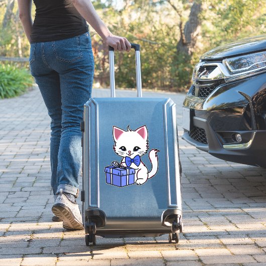 Schattige wit kitten met blauw cadeau sticker (Koffer Insitu)