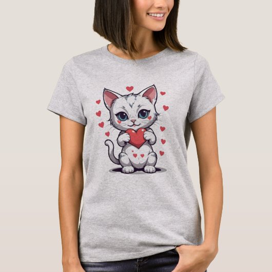 Schattige wit kitten met rood hart T-shirt (Voorkant)