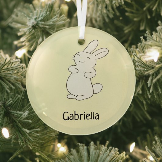 Schattige wit konijn gepersonaliseerde naam geel glas ornament (Insitu)