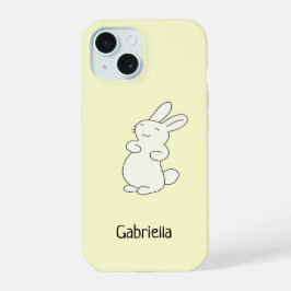 Schattige wit konijn gepersonaliseerde naam geel iPhone 15 case