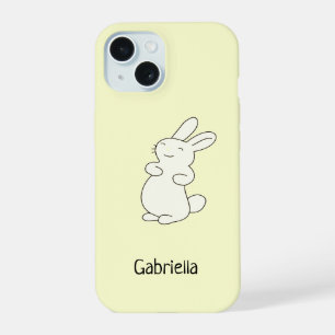 Schattige wit konijn gepersonaliseerde naam geel iPhone 15 case