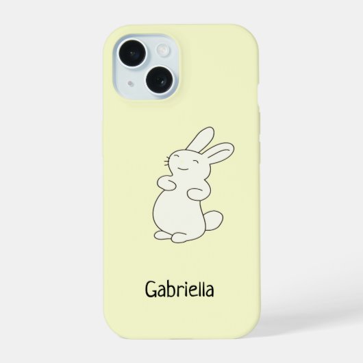 Schattige wit konijn gepersonaliseerde naam geel iPhone 15 case (Achterkant)