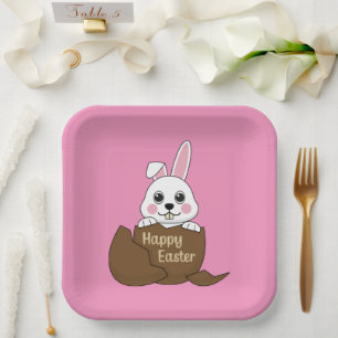 Schattige wit konijn in chocolade ei gelukkig Pase Papieren Bordje