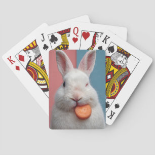 Schattige wit konijn met een wortelsnack pokerkaarten