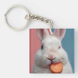 Schattige wit konijn met een wortelsnack sleutelhanger