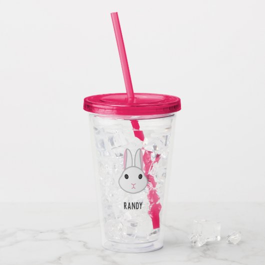 Schattige wit konijntje op roze acryl drinkbeker (Voorkant ijs)
