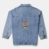 Schattige wit konijntje roze oren wangen duimen om denim jacket (Achterkant)