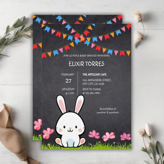 Schattige Wit Krijtbord Bunny Baby shower Kaart