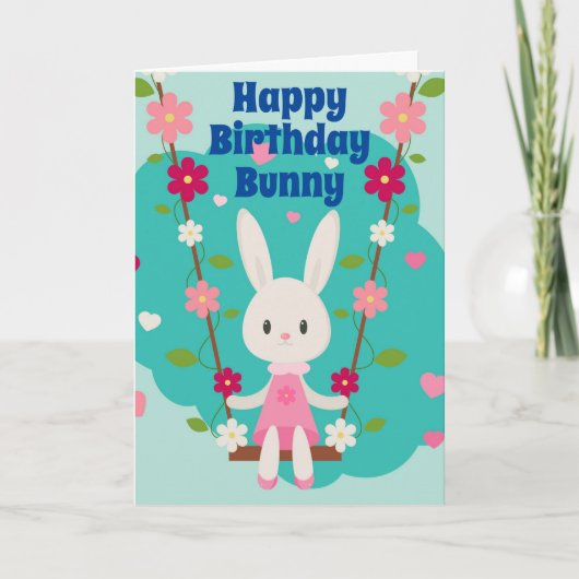 Schattige wit meisje konijn met madeliefjes illust kaart (Voorkant)