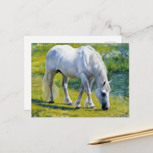 Schattige wit paard, Claude Monet stijl Briefkaart (Voorkant / Achterkant in situ)