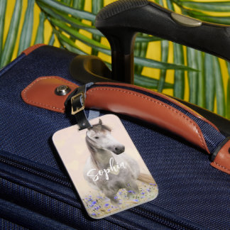 Schattige wit paard Paarse bloem gepersonaliseerd Bagagelabel