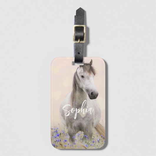 Schattige wit paard Paarse bloem gepersonaliseerd Bagagelabel (Voorkant (verticaal))