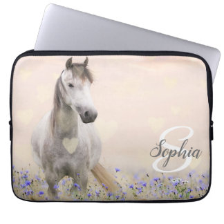 Schattige Wit Paard Paarse Bloemmonogram Laptop Sleeve