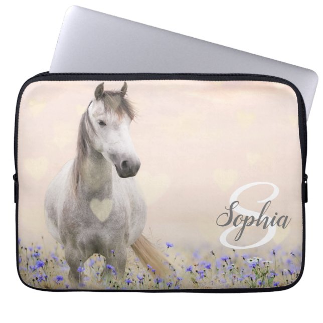 Schattige Wit Paard Paarse Bloemmonogram Laptop Sleeve (Voorkant)