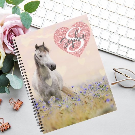 Schattige Wit Paard Paarse Bloemmonogram Notitieboek