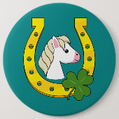Schattige Wit Paard w Gouden Hoefijzer, Shamrock Ronde Button 6,0 Cm (Voorkant)