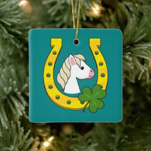 Schattige wit paard w gouden Hoefijzer, shamrocks Keramisch Ornament
