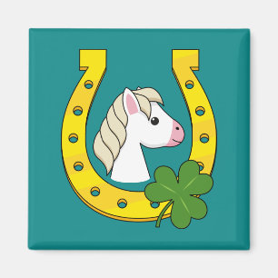 Schattige wit paard w gouden Hoefijzer, shamrocks Magneet