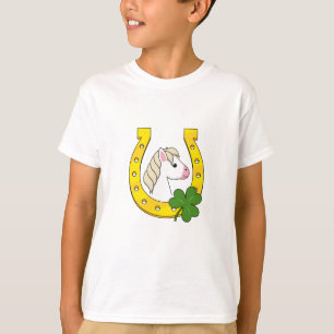 Schattige wit paard w gouden Hoefijzer, shamrocks T-shirt