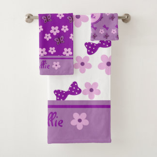 Schattige Wit Paarse Roze Bloemen Vlinder Bow Kind Bad Handdoek