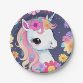 Schattige Witte Baby Eenhoorn met Bloemen Papieren Bordje (Voorkant)