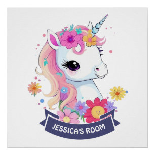 Schattige Witte Baby Eenhoorn met Bloemen Perfect Poster