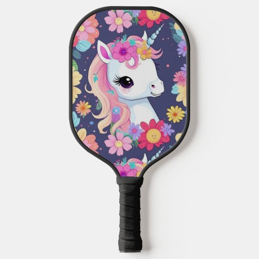 Schattige Witte Baby Eenhoorn met Bloemen Pickleball Paddle (Voorkant)