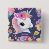 Schattige Witte Baby Eenhoorn met Bloemen Vierkante Button 5,1 Cm (Voorkant)