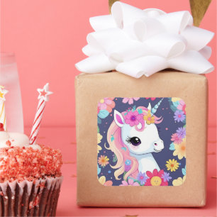 Schattige Witte Baby Eenhoorn met Bloemen Vierkante Sticker
