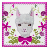 Schattige witte Baby lama met Fuchsia roze groen Perfect Poster (Voorkant)