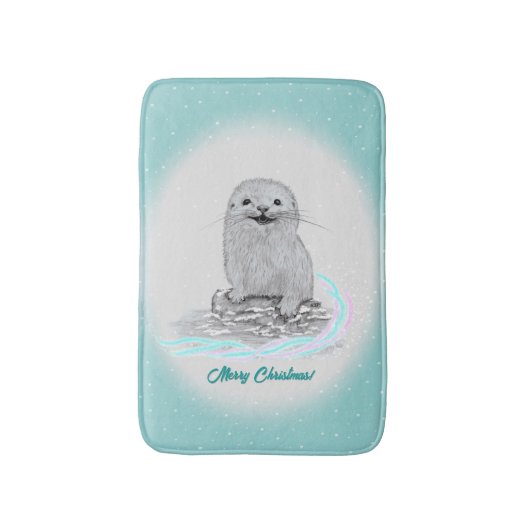 Schattige Witte Baby Zee Otter , Prettig Kerstfees Badmat (Voorkant Verticaal)
