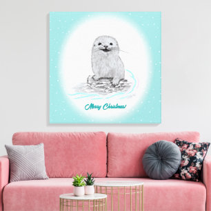 Schattige Witte Baby Zee Otter , Prettig Kerstfees Canvas Afdruk
