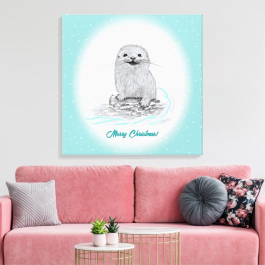 Schattige Witte Baby Zee Otter , Prettig Kerstfees Canvas Afdruk (Insitu (Woonkamer))