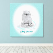 Schattige Witte Baby Zee Otter , Prettig Kerstfees Canvas Afdruk (Insitu (Houten vloer))