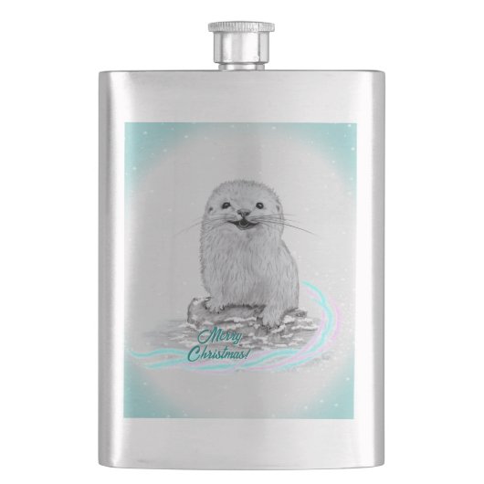 Schattige Witte Baby Zee Otter , Prettig Kerstfees Flacon (Voorkant)
