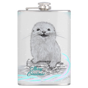 Schattige Witte Baby Zee Otter , Prettig Kerstfees Heupfles
