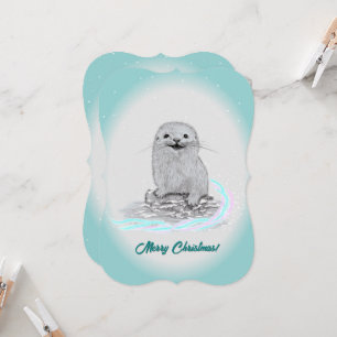 Schattige Witte Baby Zee Otter , Prettig Kerstfees Kaart