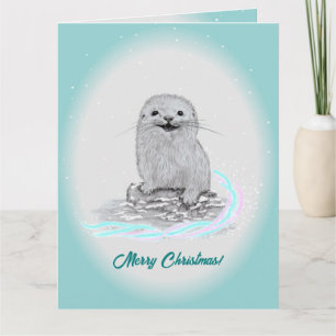 Schattige Witte Baby Zee Otter , Prettig Kerstfees Kaart