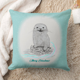 Schattige Witte Baby Zee Otter , Prettig Kerstfees Kussen