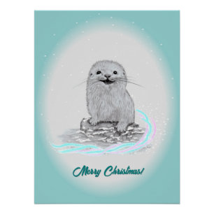 Schattige Witte Baby Zee Otter , Prettig Kerstfees Perfect Poster