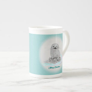 Schattige Witte Baby Zee Otter , Prettig Kerstfees Porselein Kop