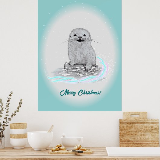Schattige Witte Baby Zee Otter , Prettig Kerstfees Poster (Keuken)