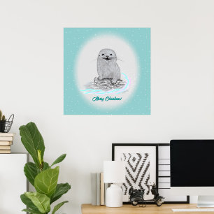 Schattige Witte Baby Zee Otter , Prettig Kerstfees Poster