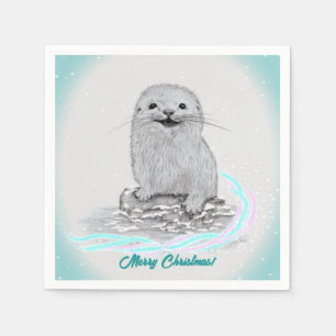 Schattige Witte Baby Zee Otter , Prettig Kerstfees Servet