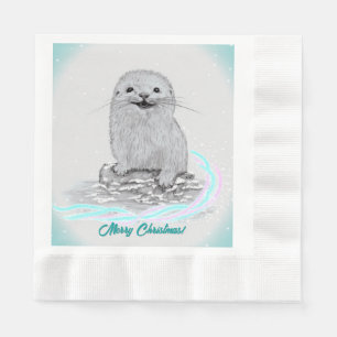 Schattige Witte Baby Zee Otter , Prettig Kerstfees Servet
