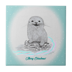 Schattige Witte Baby Zee Otter , Prettig Kerstfees Tegeltje