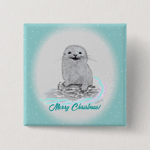 Schattige Witte Baby Zee Otter , Prettig Kerstfees Vierkante Button 5,1 Cm