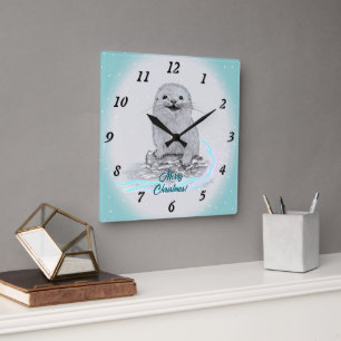 Schattige Witte Baby Zee Otter , Prettig Kerstfees Vierkante Klok
