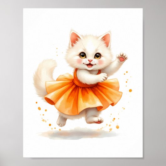 Schattige witte balletkat in oranje tutu poster (Voorkant)