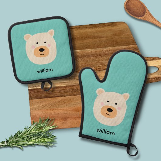 Schattige witte beer ovenwant & pannenlap set